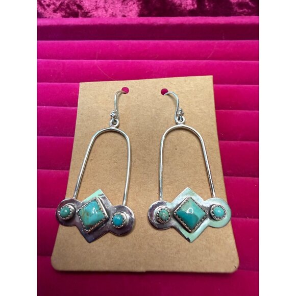 Sterling & Turquoise Geometric Dangle Earrings 2 Inch - Picture 1 of 4